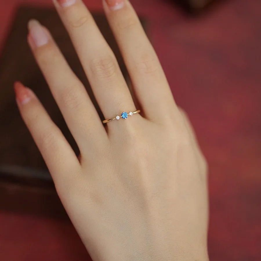 925 Sterling Silver Plated 14K Gold Blue Zircon Ring for Women Japanese Light Luxury Party Jewelry Accessories Christmas Gift