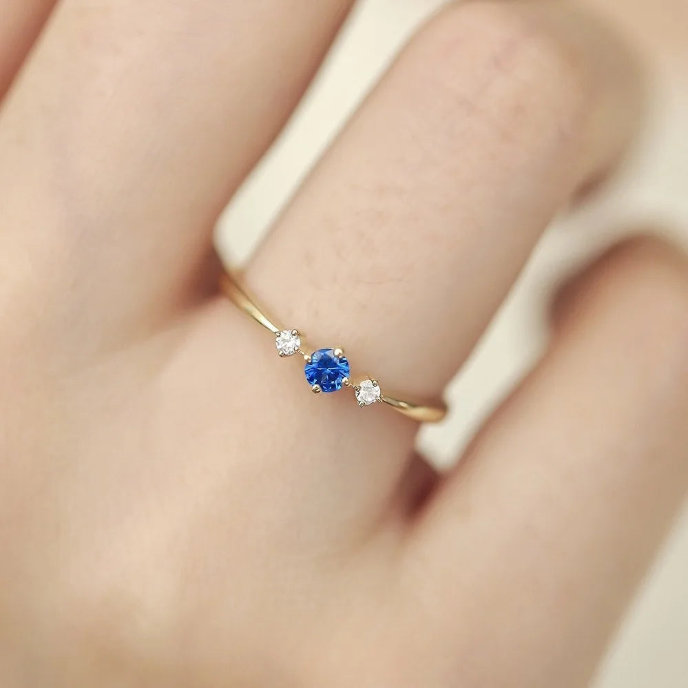925 Sterling Silver Plated 14K Gold Blue Zircon Ring for Women Japanese Light Luxury Party Jewelry Accessories Christmas Gift