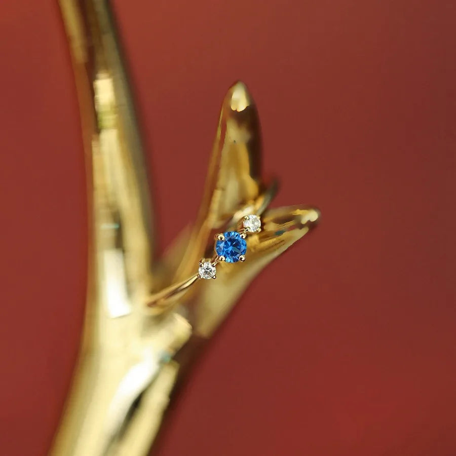 925 Sterling Silver Plated 14K Gold Blue Zircon Ring for Women Japanese Light Luxury Party Jewelry Accessories Christmas Gift