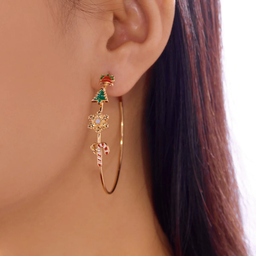 Exaggerated Christmas Bell Tree Snowflake Crutch Hoop Drop Earrings Round Circle Holiday Dangle Earring For Women Men Jewelry