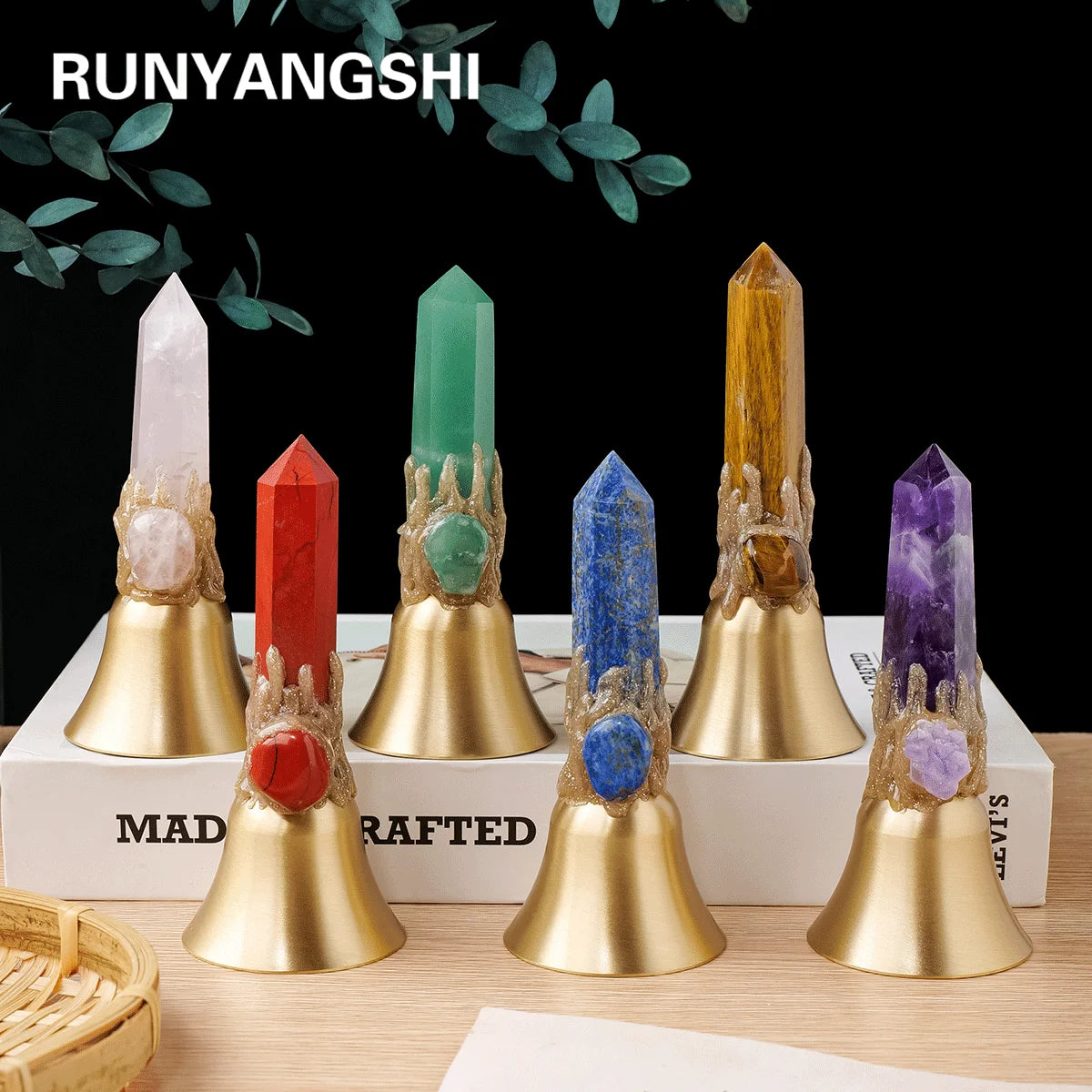 1pc Natural Crystal point Hand Brass Bells Copper Bell For Bed Call Remind Class Home Decoration Christmas Bell Gifts Souveni