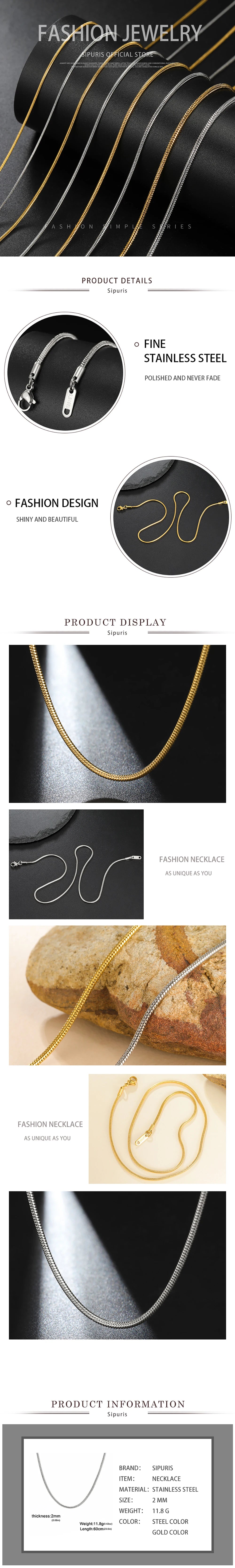 Sipuris Round Snake Chain Necklace For Men Women Stainless Steel Hip Hop Punk 0.9mm 1.2mm 1.5mm 2mm Chain Jewelry Christmas Gift