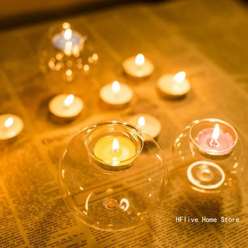 European Exquisite Round Hollow Glass Candle Holder Christmas Wedding Banquet Bar Party Wax Holder Home Decoration Ornaments