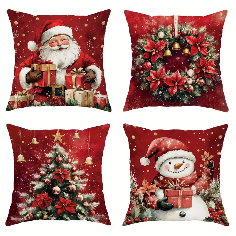 Christmas pillow cover 18x18 inches Soft skin-friendly Santa Claus snowman wreath Creative pattern Sofa home decoration