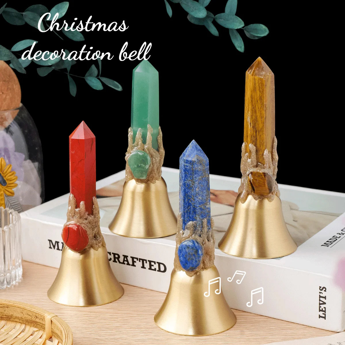 1pc Natural Crystal point Hand Brass Bells Copper Bell For Bed Call Remind Class Home Decoration Christmas Bell Gifts Souveni