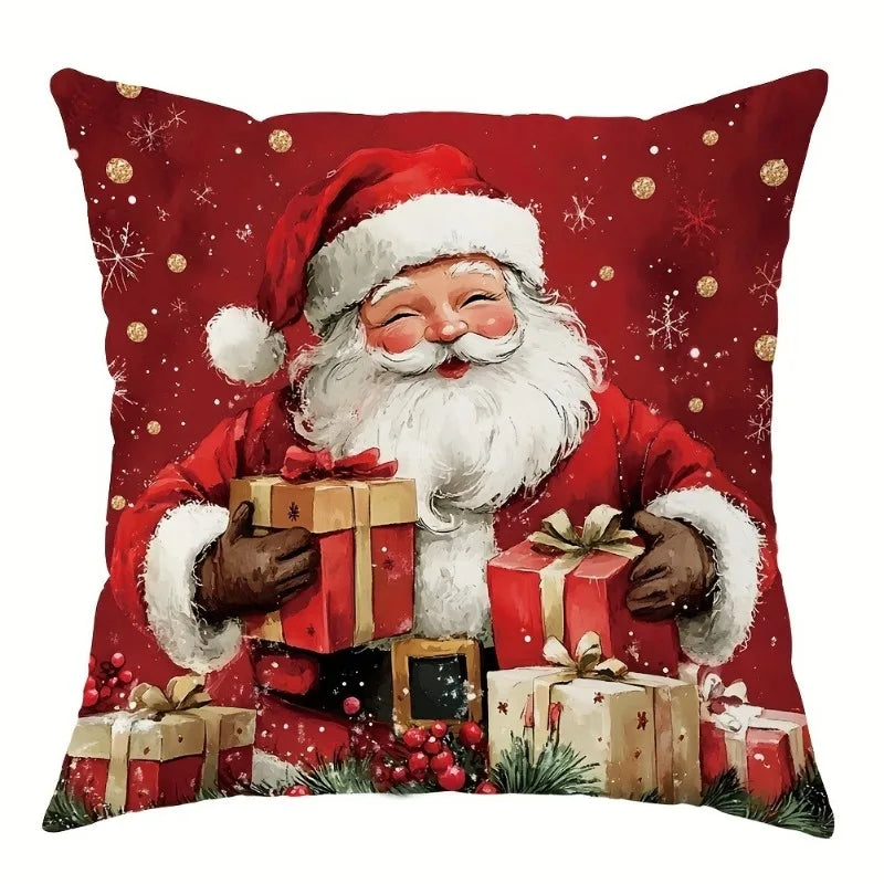 Christmas pillow cover 18x18 inches Soft skin-friendly Santa Claus snowman wreath Creative pattern Sofa home decoration
