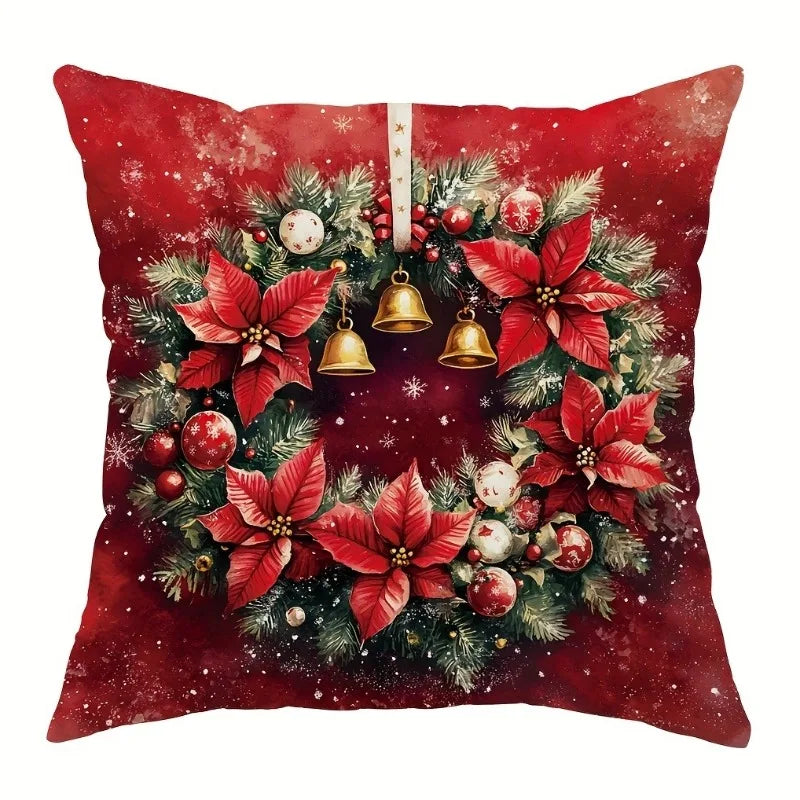 Christmas pillow cover 18x18 inches Soft skin-friendly Santa Claus snowman wreath Creative pattern Sofa home decoration