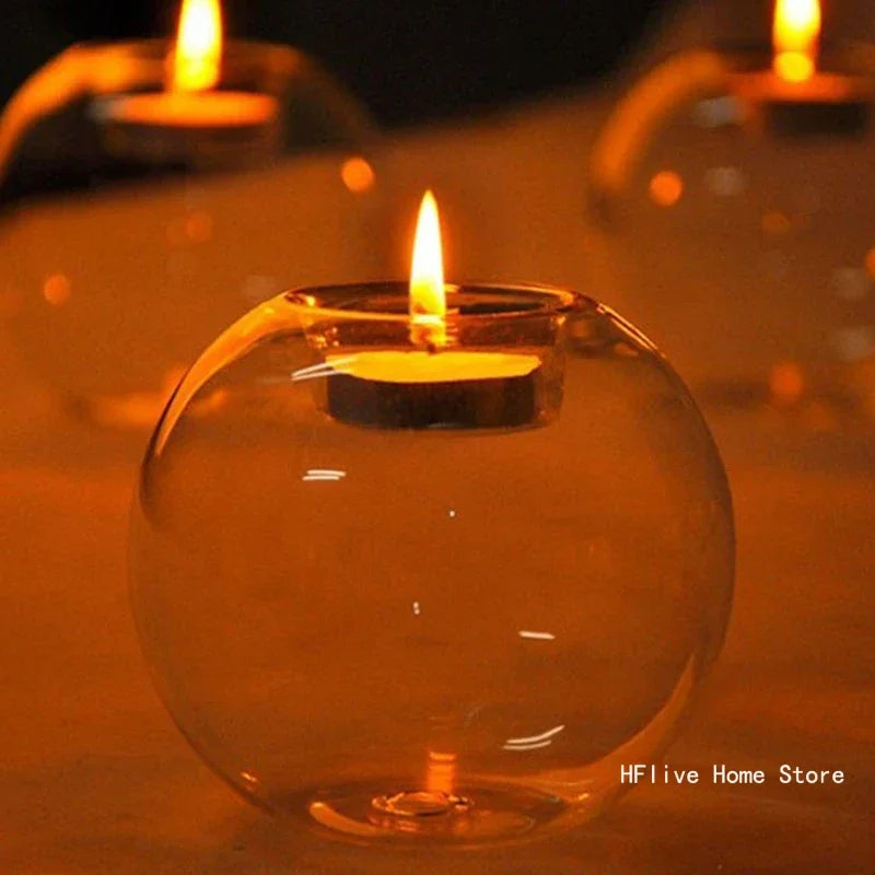 European Exquisite Round Hollow Glass Candle Holder Christmas Wedding Banquet Bar Party Wax Holder Home Decoration Ornaments