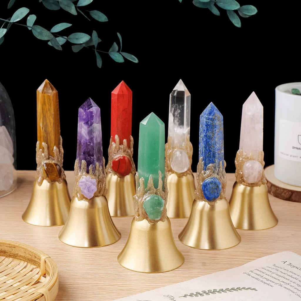 1pc Natural Crystal point Hand Brass Bells Copper Bell For Bed Call Remind Class Home Decoration Christmas Bell Gifts Souveni