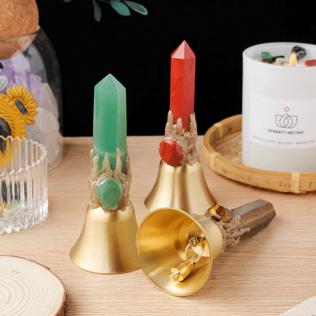 1pc Natural Crystal point Hand Brass Bells Copper Bell For Bed Call Remind Class Home Decoration Christmas Bell Gifts Souveni